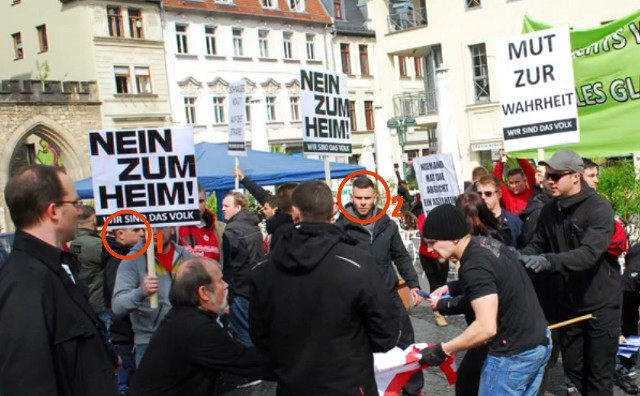 Naziangriff auf eine DGB-Kundgebung am 01. Mai 2015 in Weimar. Mit dabei: Johannes Schönfelder (1) und Florian Otto (2). Screenshot: MDR