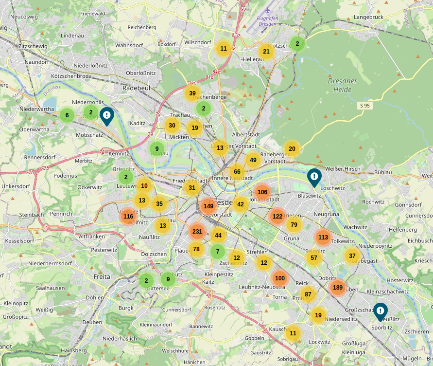 Interaktive Karte mit einer Übersicht über die Häuser der Vonovia in Dresden.